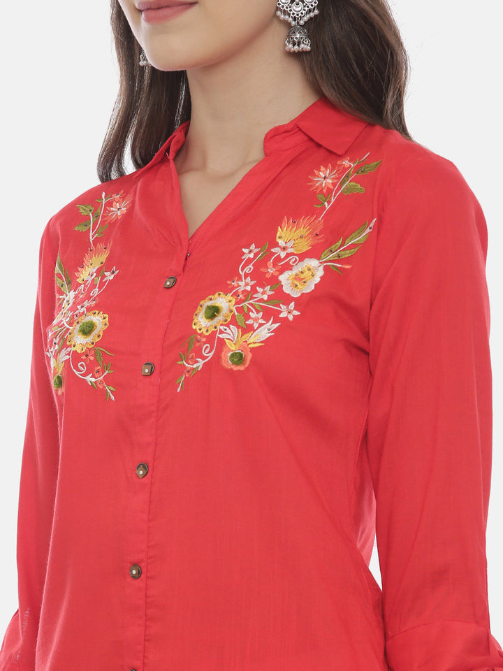 Neerus Red rayon embroidered high-low kurti - back view