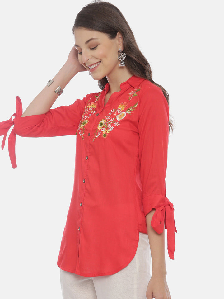 Neerus Red rayon embroidered high-low kurti - side view