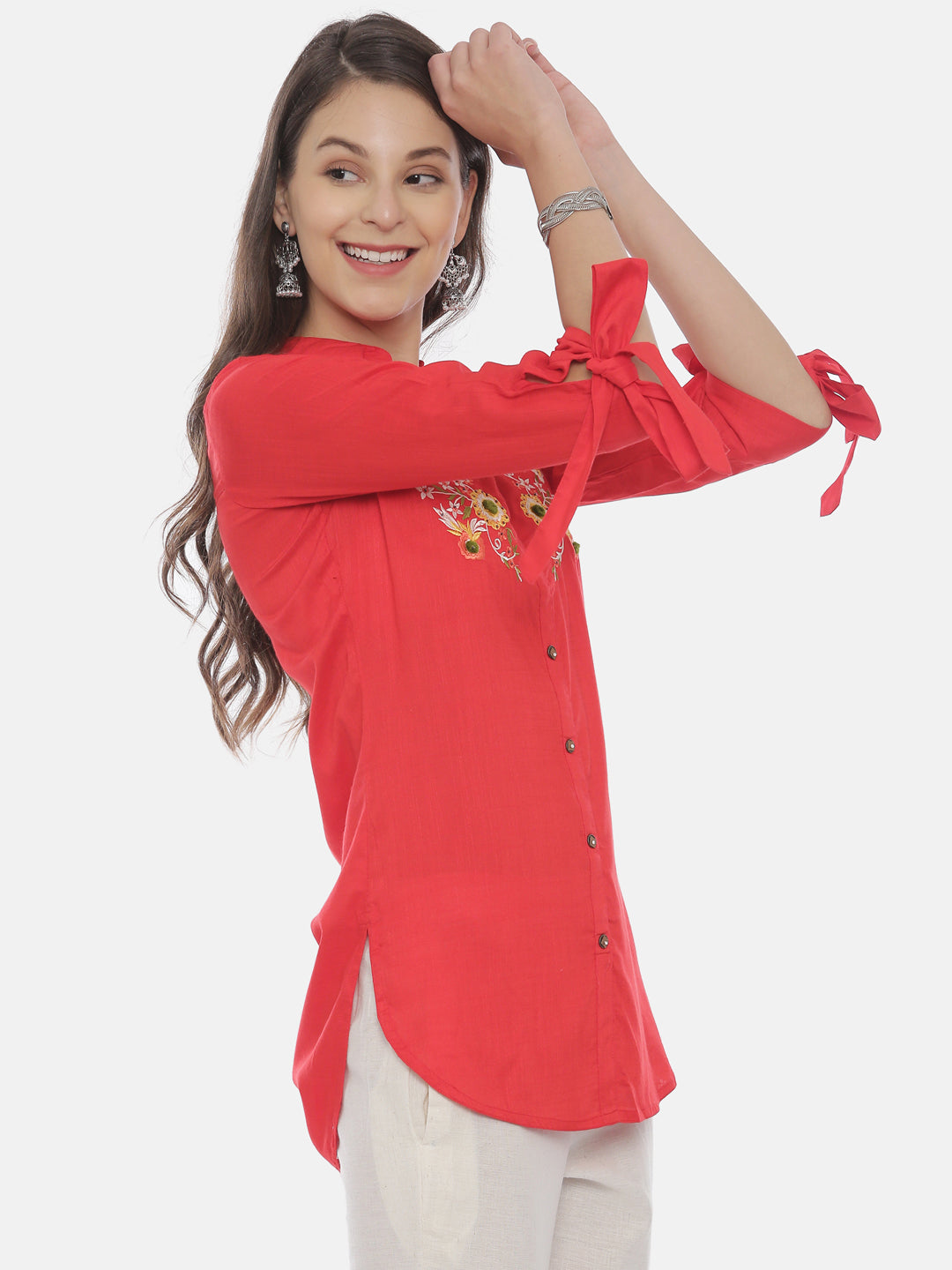 Neerus Red rayon embroidered high-low kurti - detail view 1