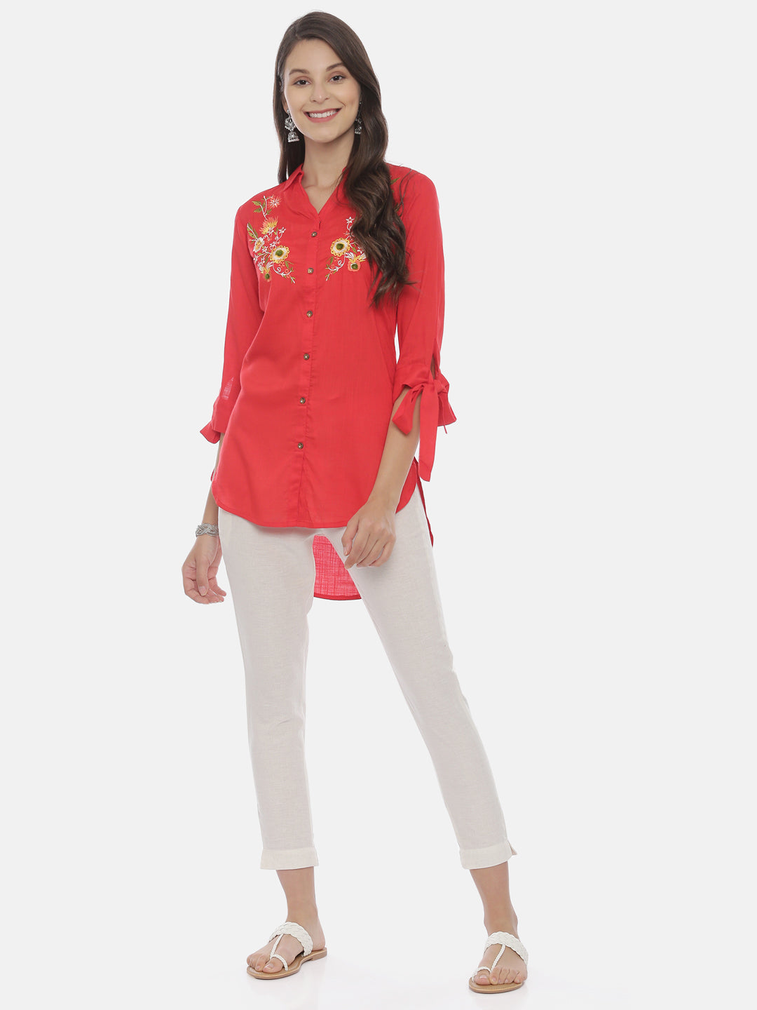 Neerus Red rayon embroidered high-low kurti - front view
