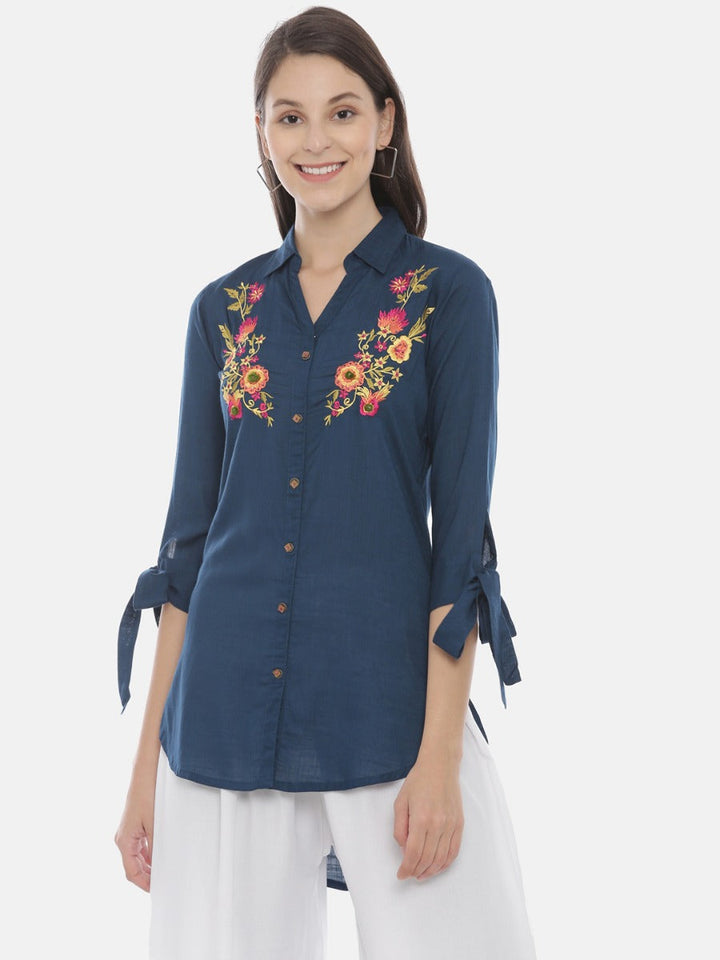 Neerus Blue rayon embroidered high-low kurti - back view