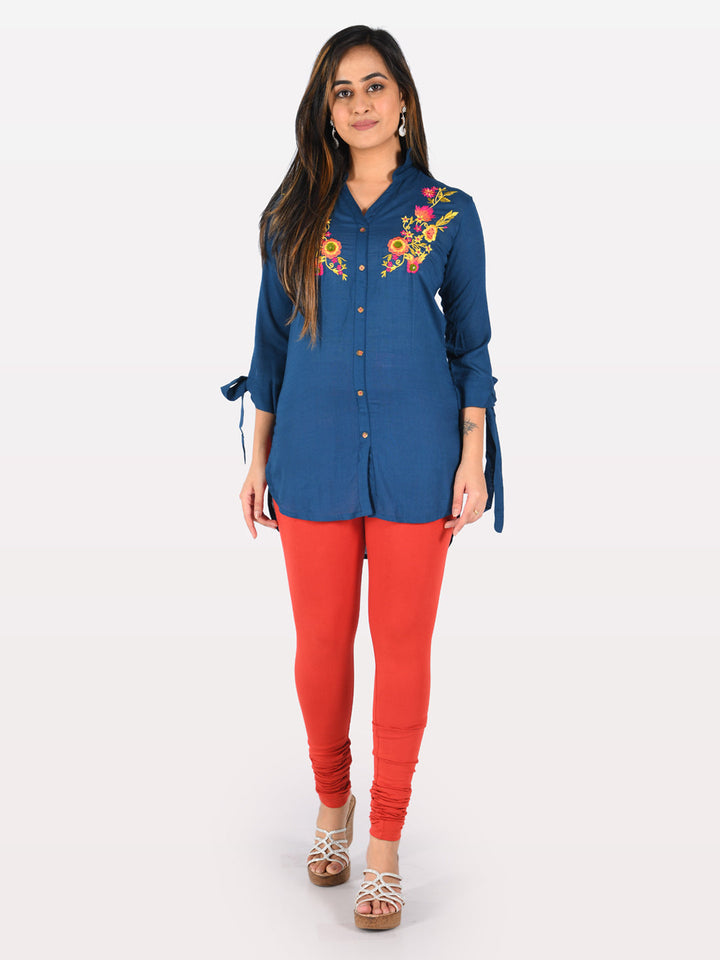 Neerus Blue rayon embroidered high-low kurti - front view