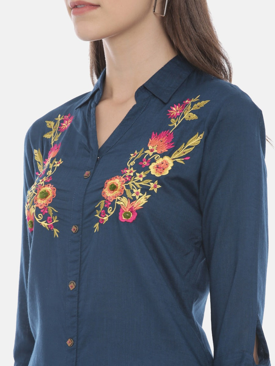 Neerus Blue rayon embroidered high-low kurti - side view