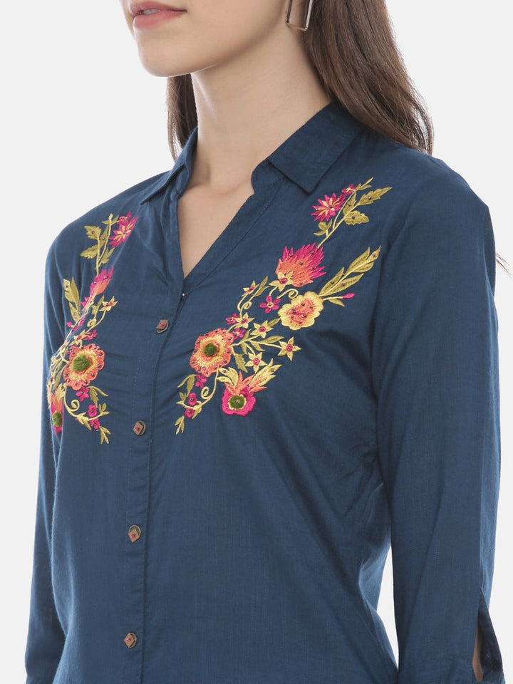 Neerus Blue rayon embroidered high-low kurti - side view