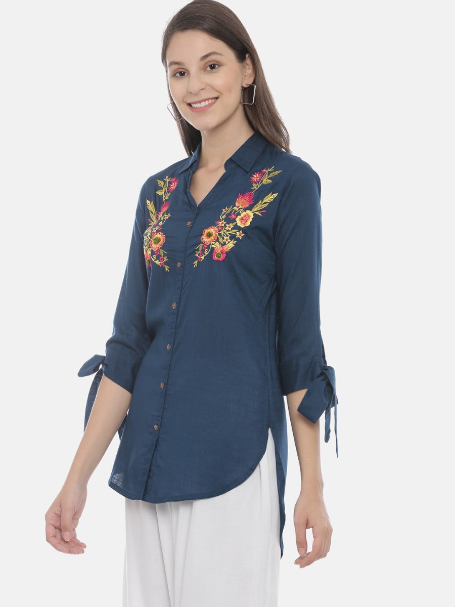 Neerus Blue rayon embroidered high-low kurti - detail view 1