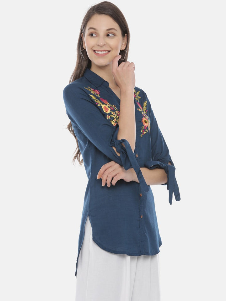 Neerus Blue rayon embroidered high-low kurti - detail view 2