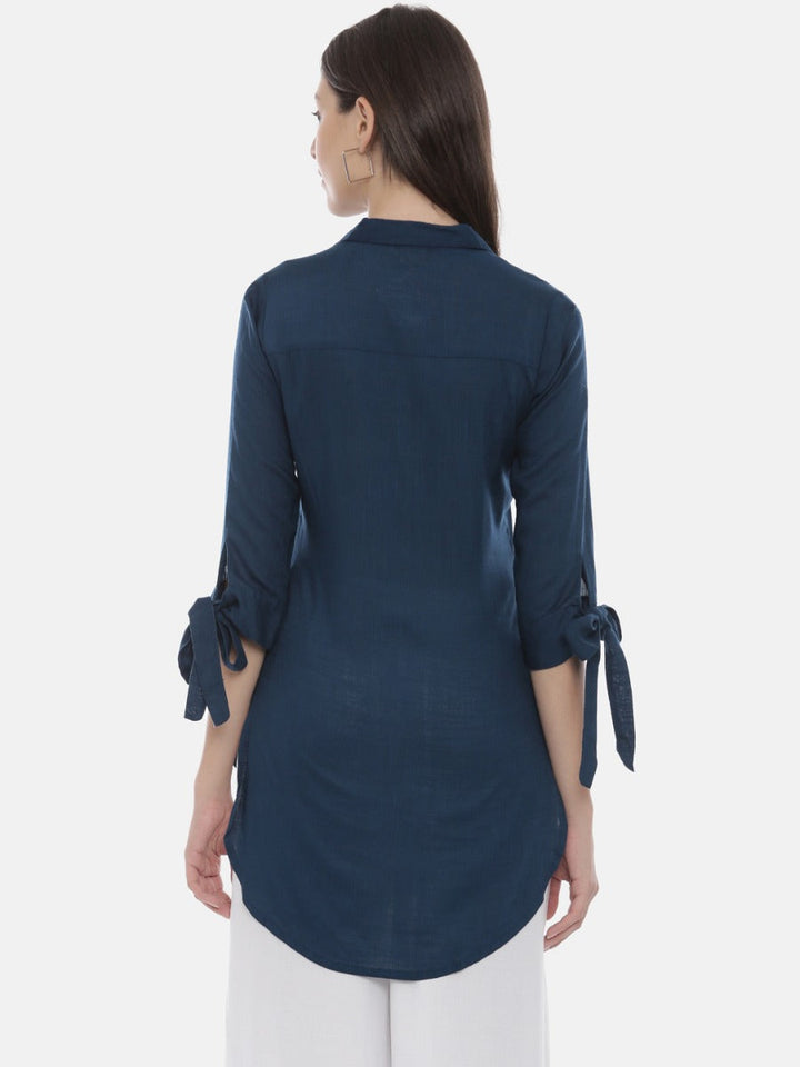 Neerus Blue rayon embroidered high-low kurti - detail view 3