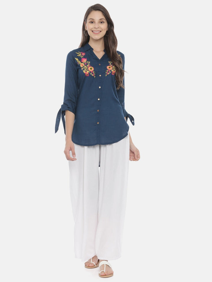 Neerus Blue rayon embroidered high-low kurti - detail view 4