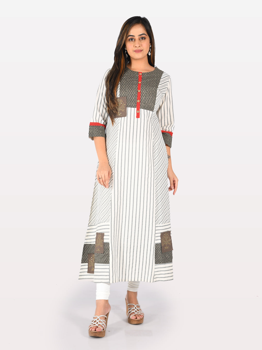 Neerus Grey printed striped A-line kurta - detail view 2
