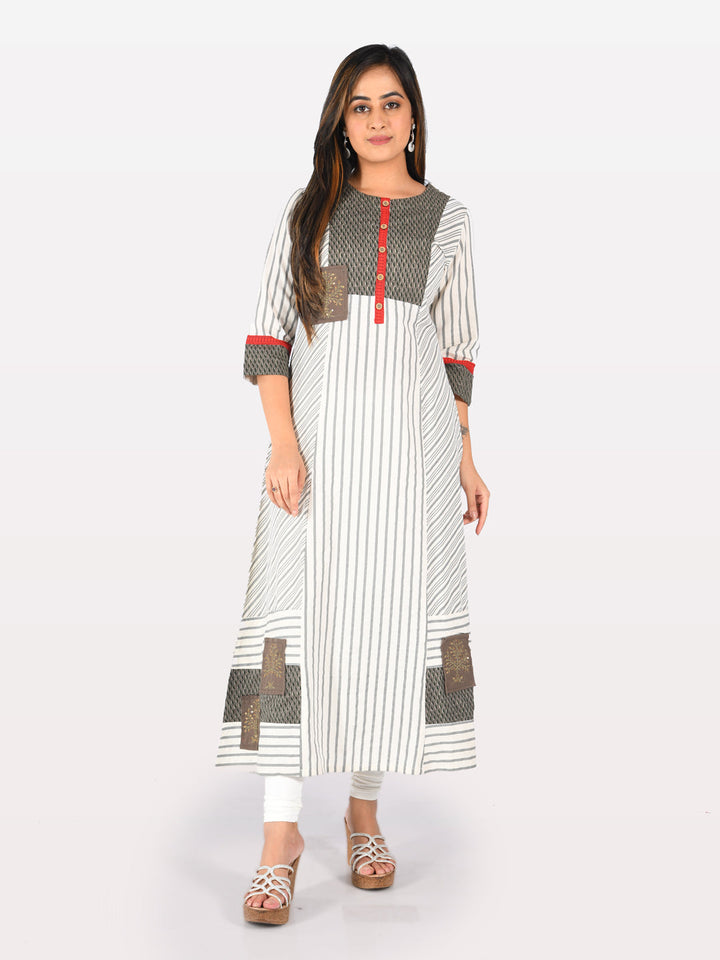 Neerus Grey printed striped A-line kurta - detail view 2