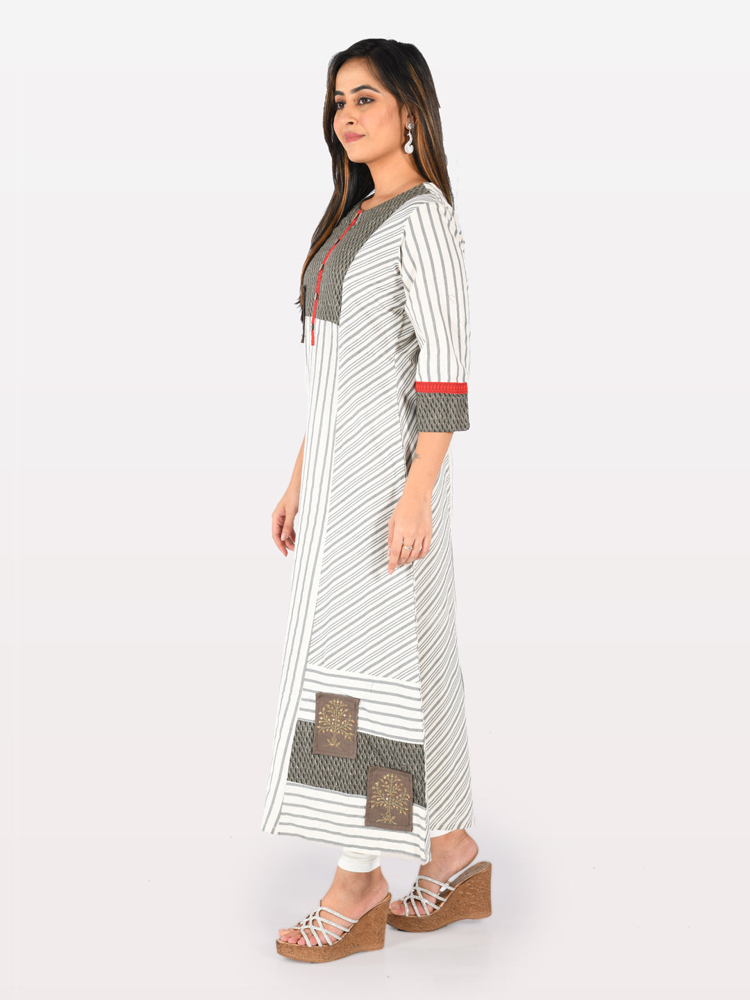 Neerus Grey printed striped A-line kurta - front view
