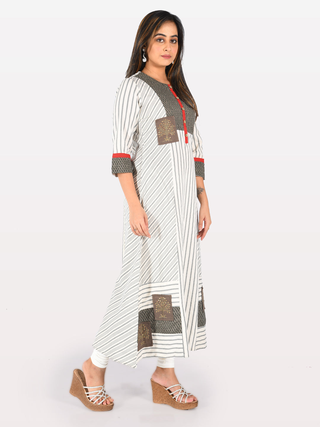Neerus Grey printed striped A-line kurta - back view