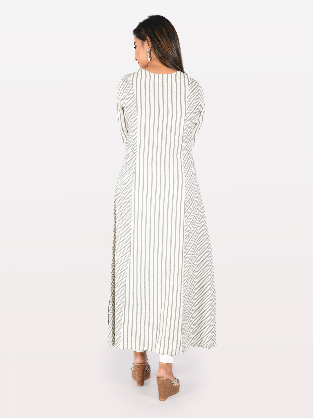 Neerus Grey printed striped A-line kurta - side view