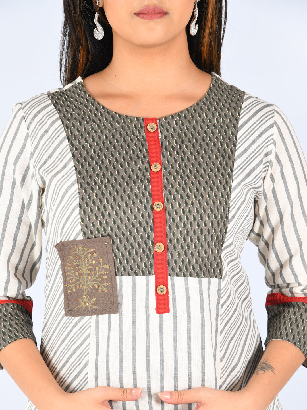 Neerus Grey printed striped A-line kurta - detail view 1