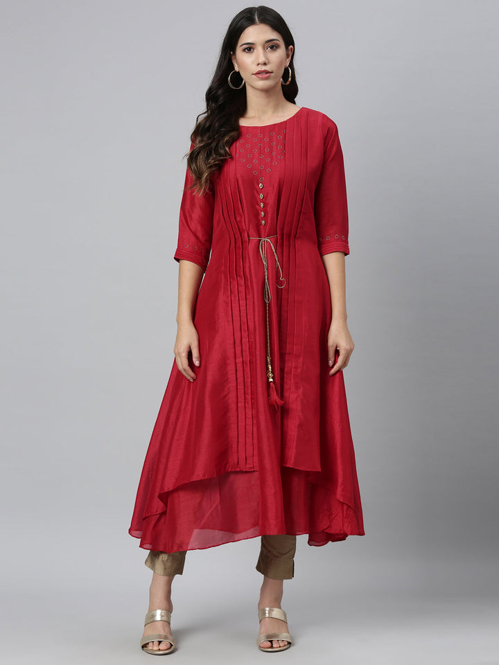 Neerus Maroon georgette embroidered Anarkali kurti - front view