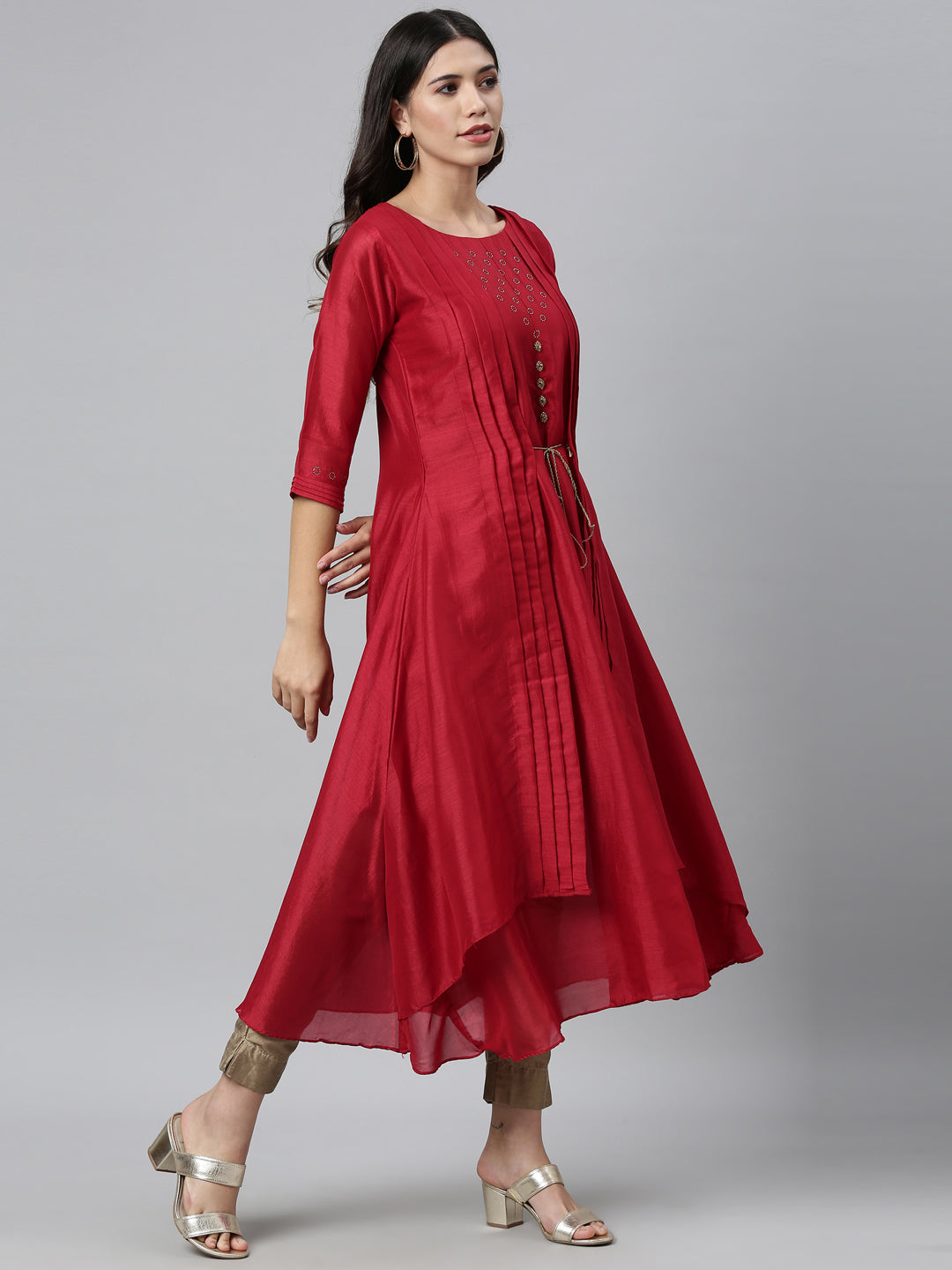 Neerus Maroon georgette embroidered Anarkali kurti - side view