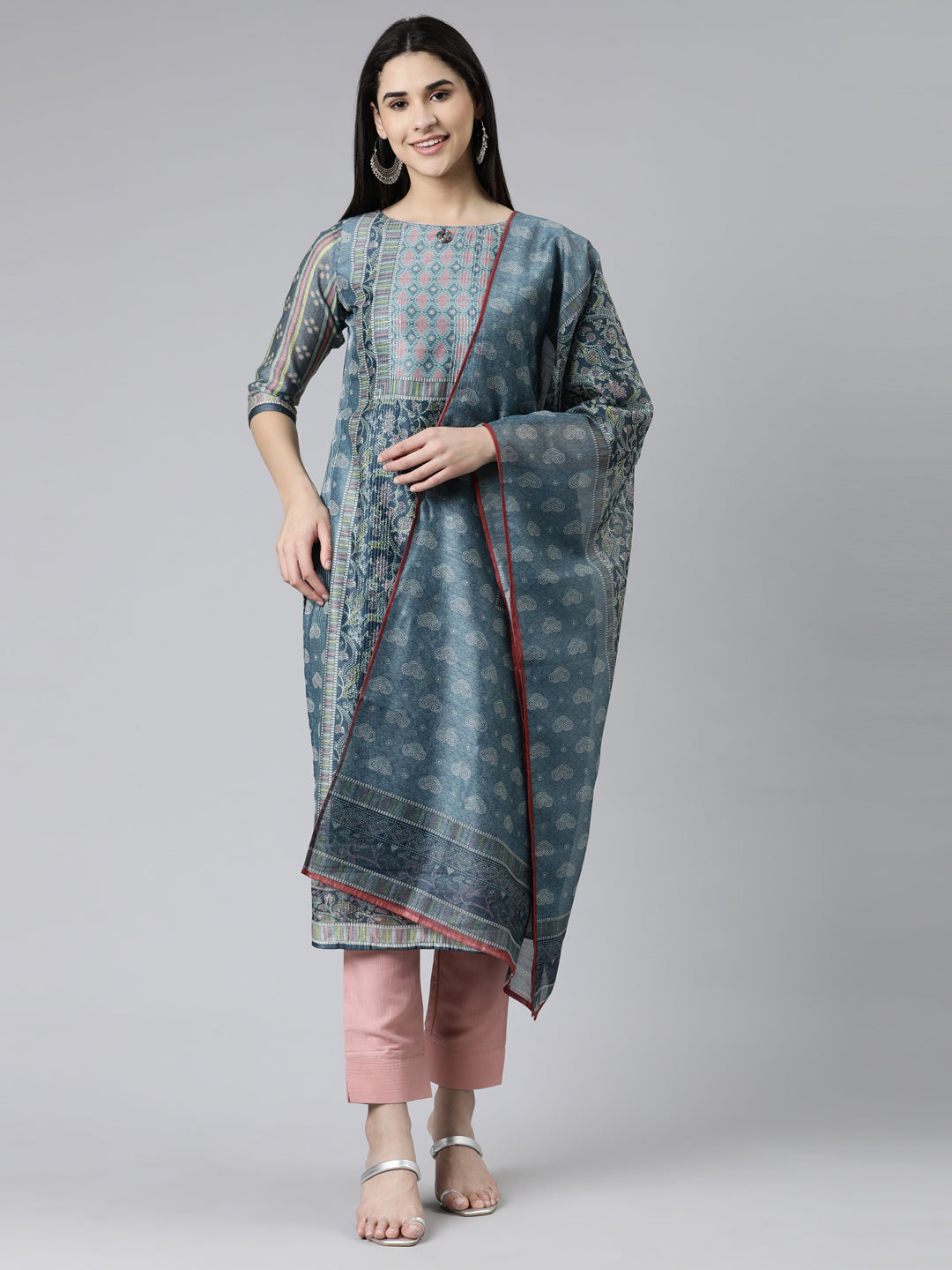 Neerus Grey silk chiffon embroidered kurta set with trouser and dupatta - front view