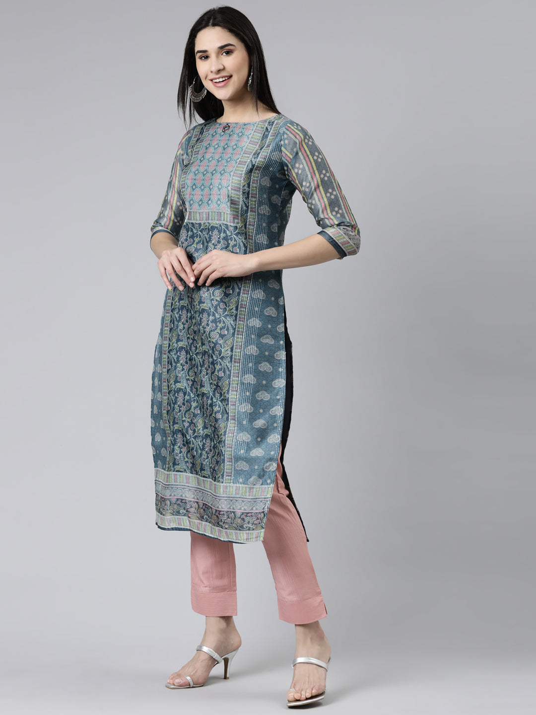Neerus Grey silk chiffon embroidered kurta set with trouser and dupatta - back view