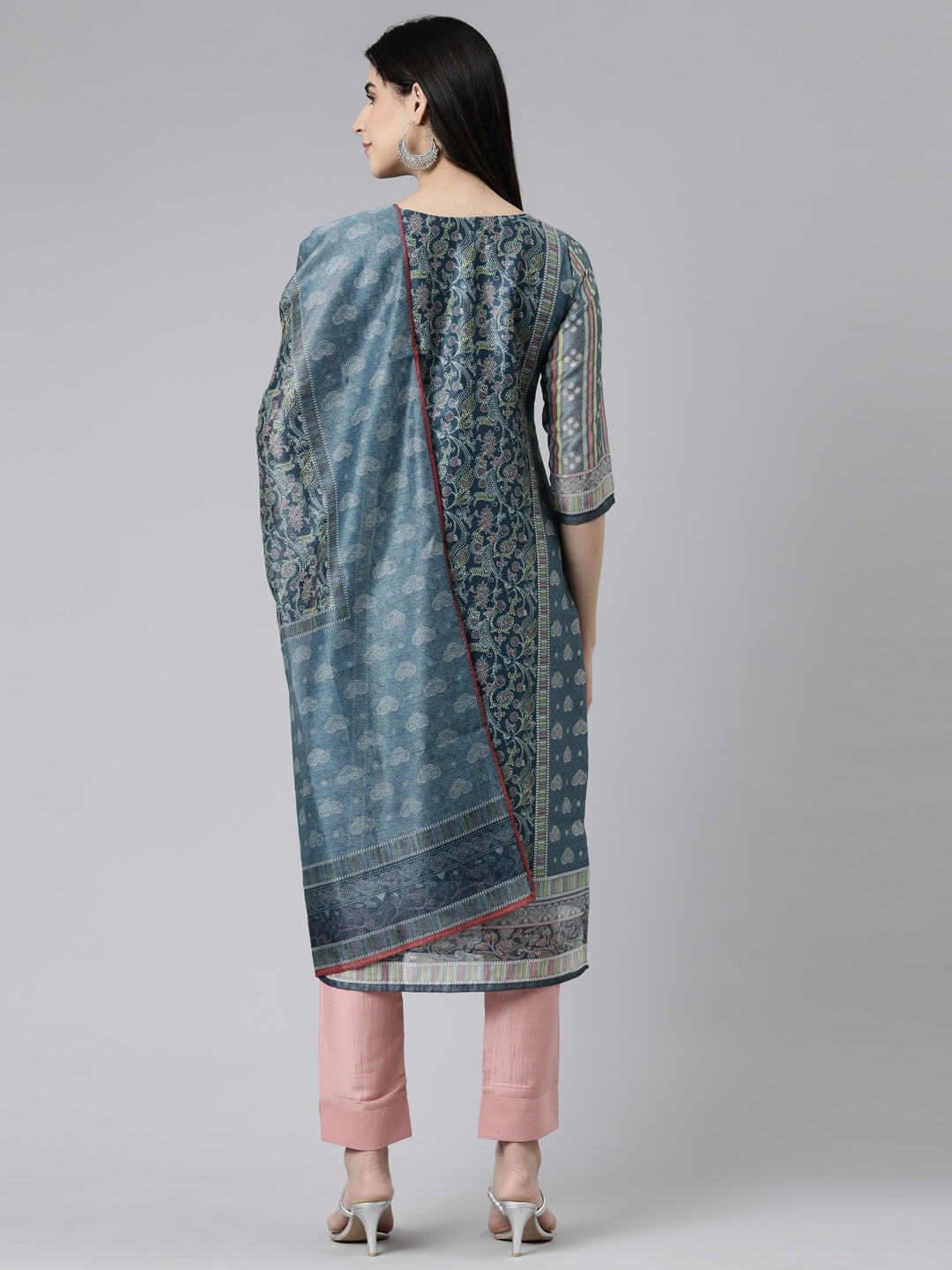 Neerus Grey silk chiffon embroidered kurta set with trouser and dupatta - side view