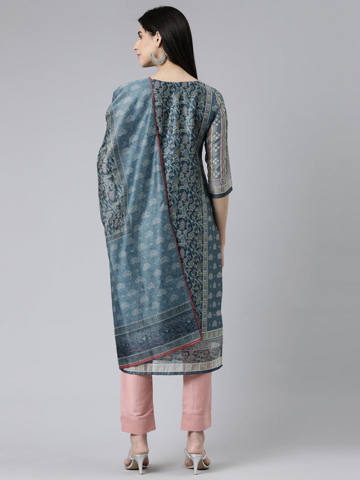 Neerus Grey silk chiffon embroidered kurta set with trouser and dupatta - side view