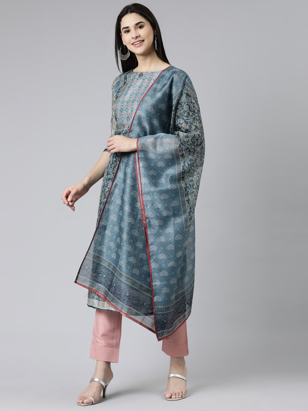 Neerus Grey silk chiffon embroidered kurta set with trouser and dupatta - detail view 1