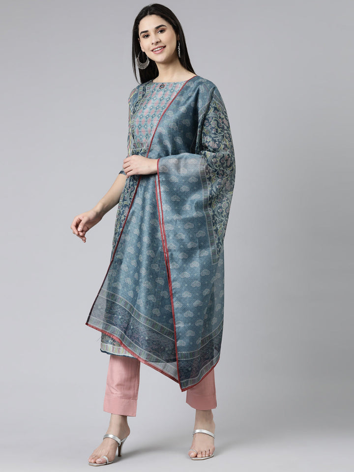Neerus Grey silk chiffon embroidered kurta set with trouser and dupatta - detail view 1