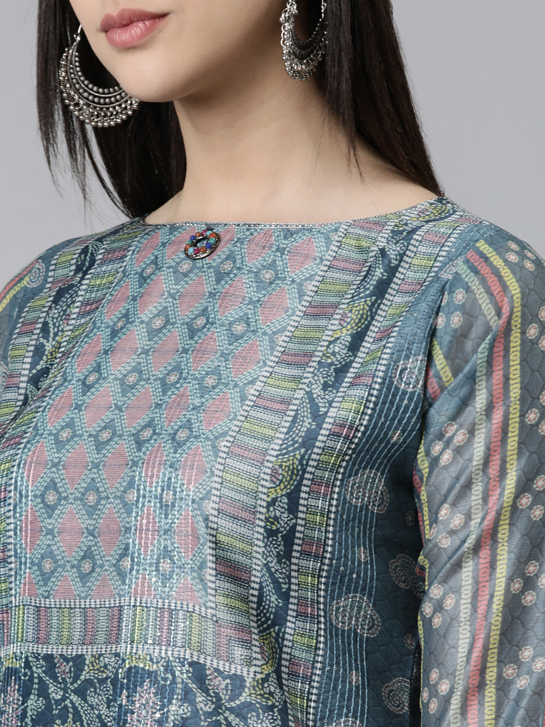 Neerus Grey silk chiffon embroidered kurta set with trouser and dupatta - detail view 2