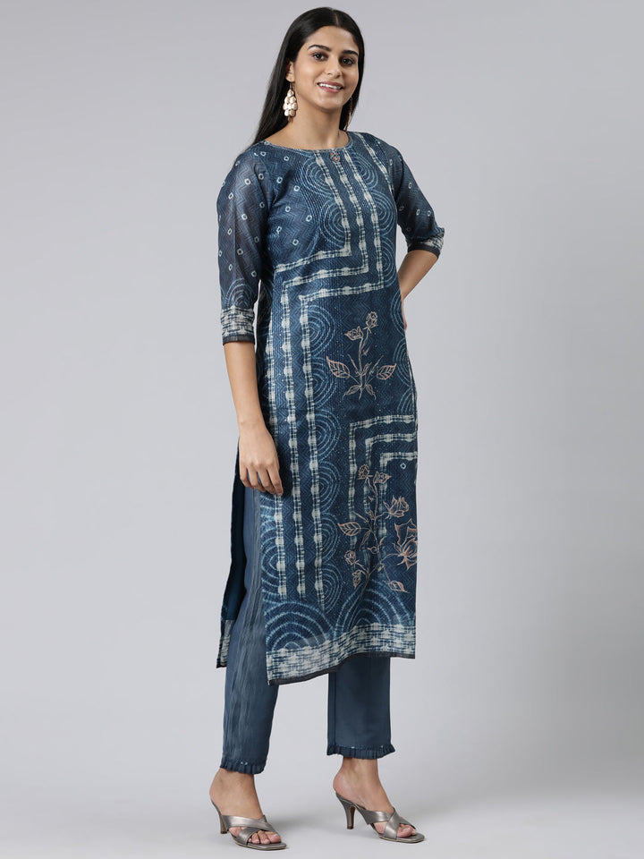 Neerus Green Chanderi Cotton Printed Kurta Set - back view