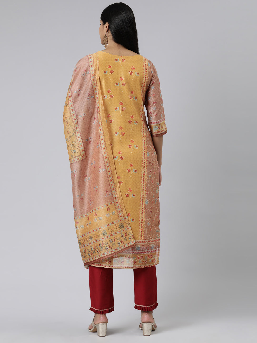 Neerus Yellow Chanderi Cotton Printed Kurta Set - side view