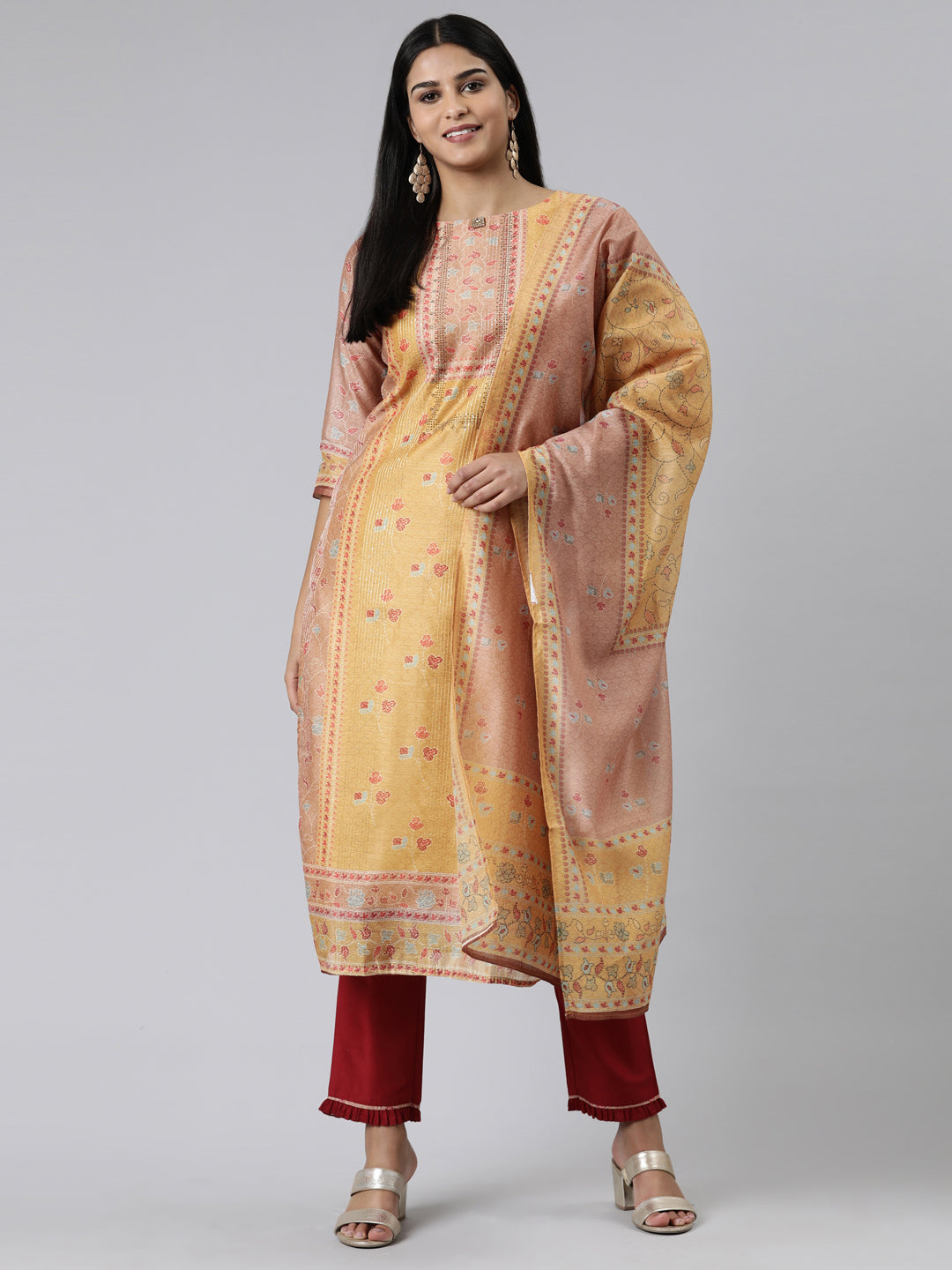 Neerus Yellow Chanderi Cotton Printed Kurta Set - front view