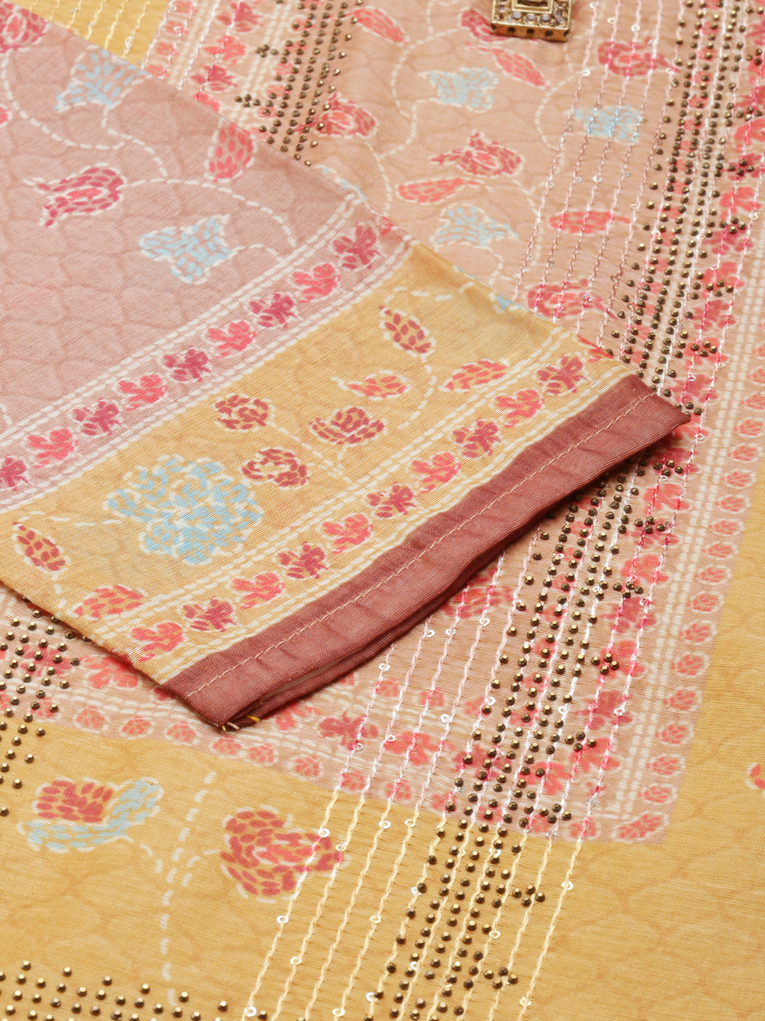 Neerus Yellow Chanderi Cotton Printed Kurta Set - detail view 2