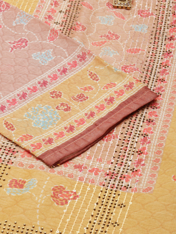 Neerus Yellow Chanderi Cotton Printed Kurta Set - detail view 2