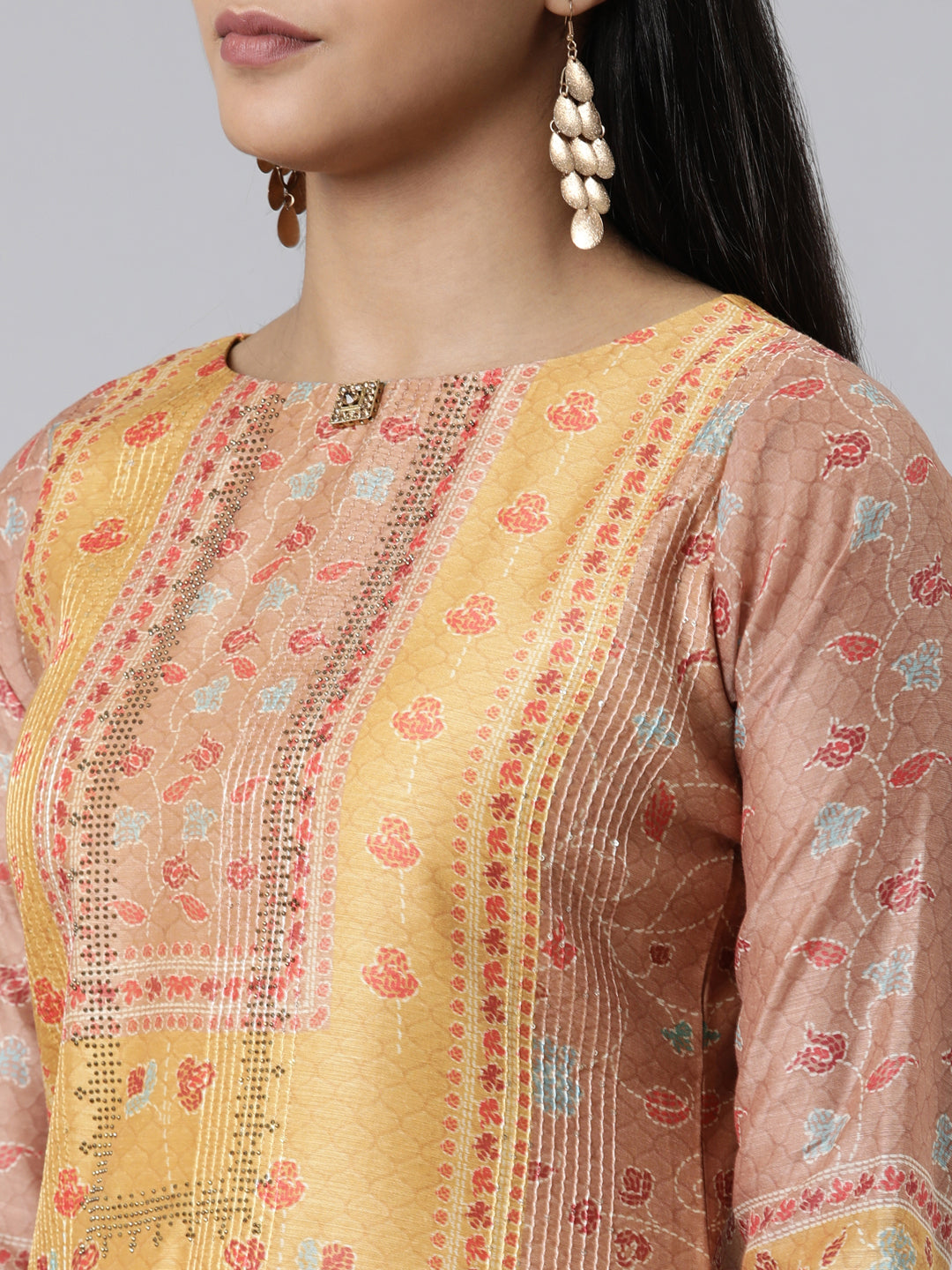 Neerus Yellow Chanderi Cotton Printed Kurta Set - detail view 1