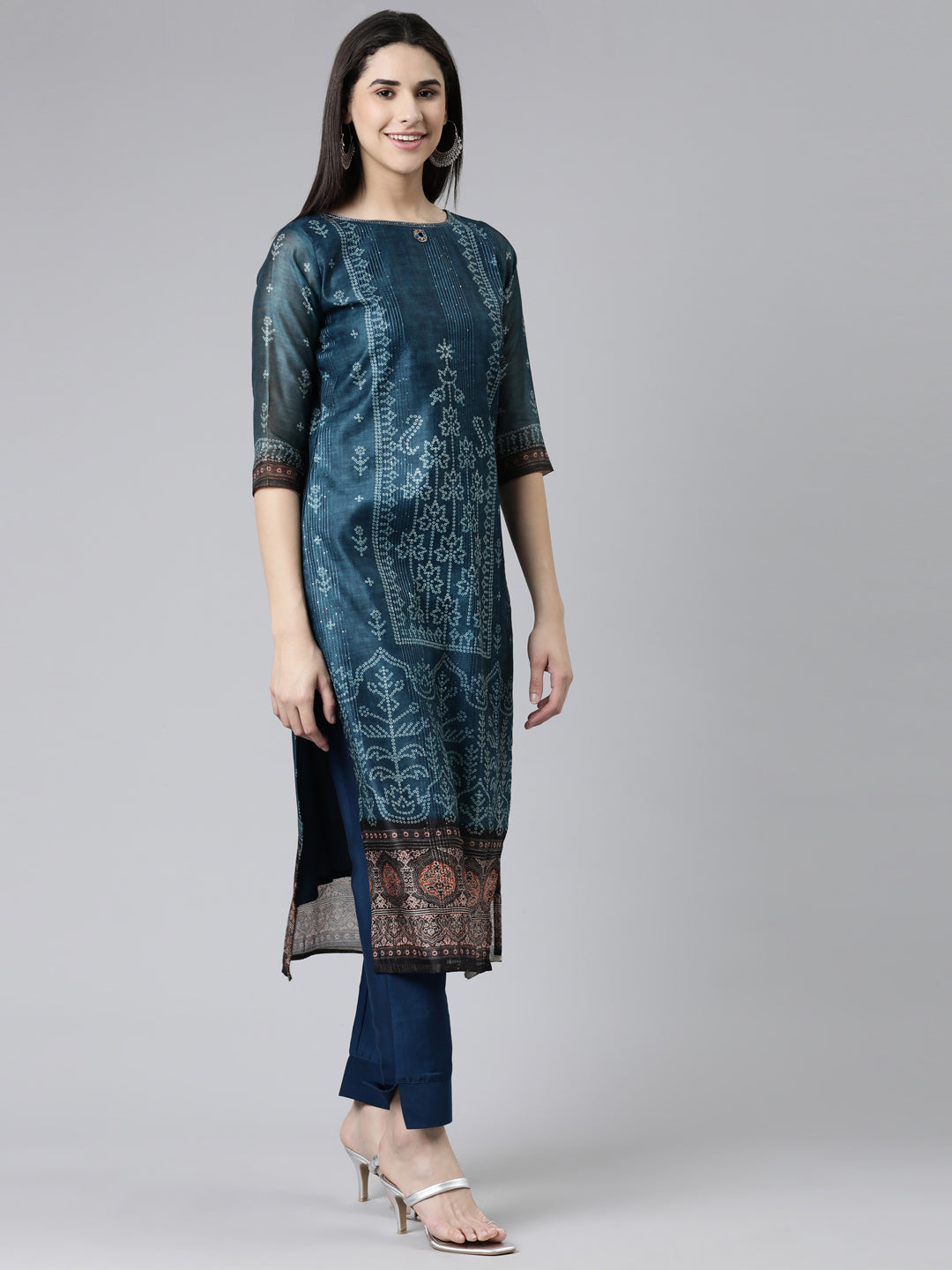 Neerus Green Silk Chiffon Printed Kurta Set - back view