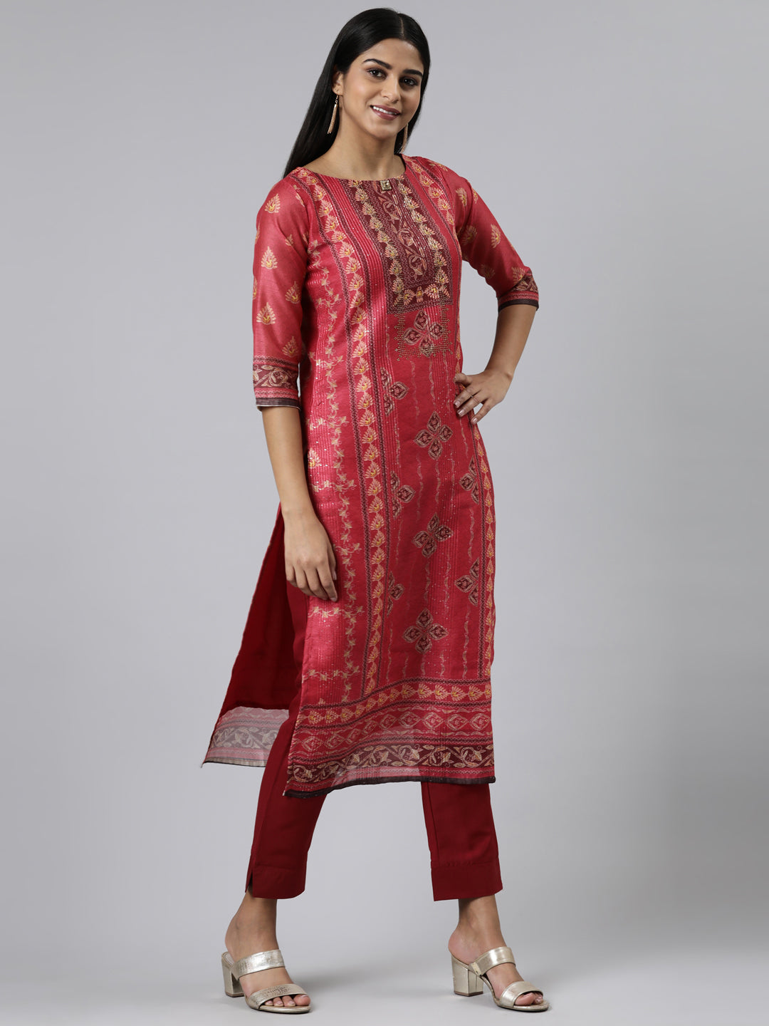 Neerus Red Chanderi Cotton Printed Kurta Set - back view