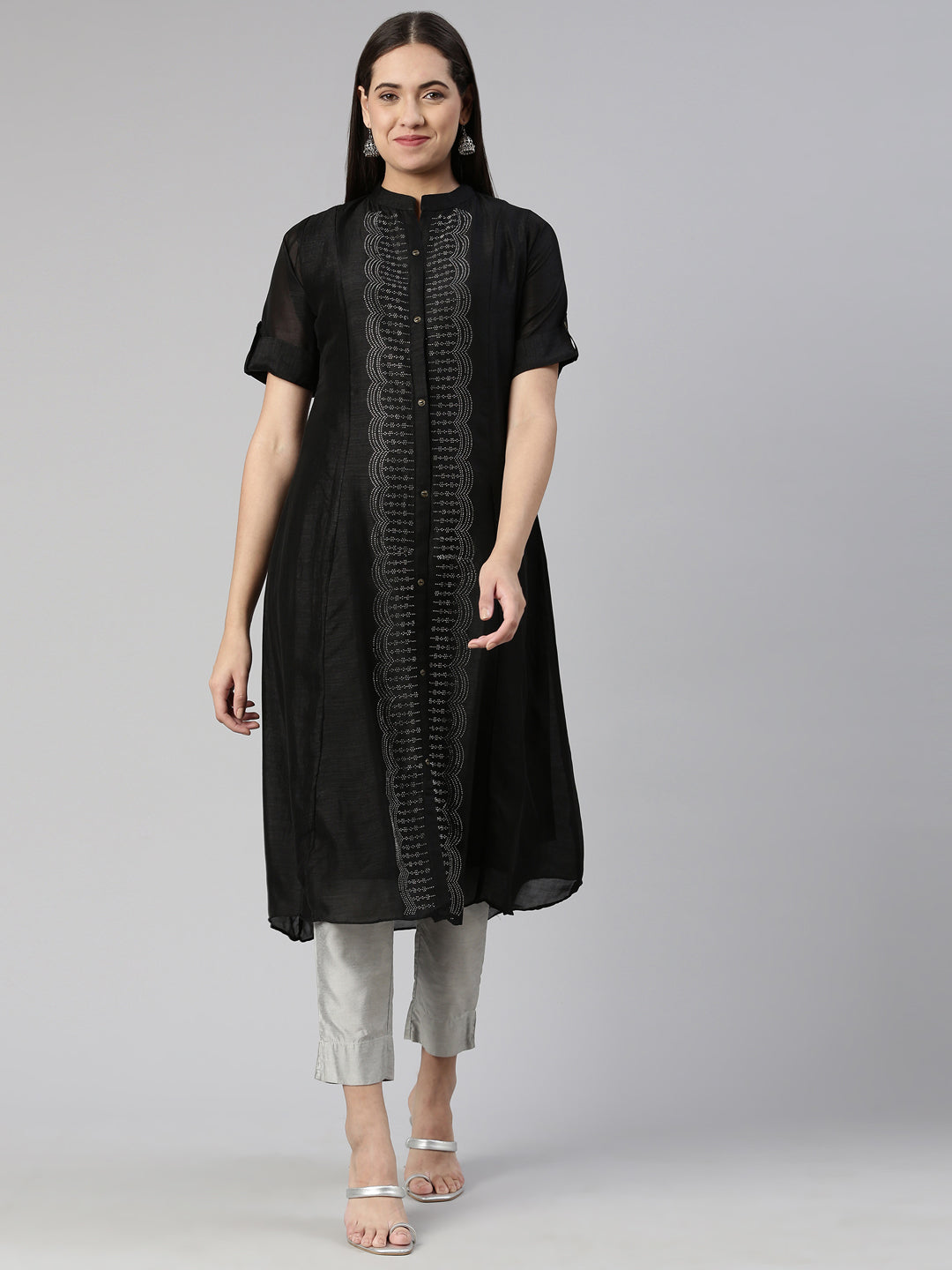 Neerus Black crepe flared anarkali kurta - front view