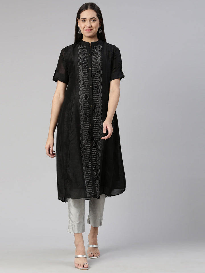 Neerus Black crepe flared anarkali kurta - front view