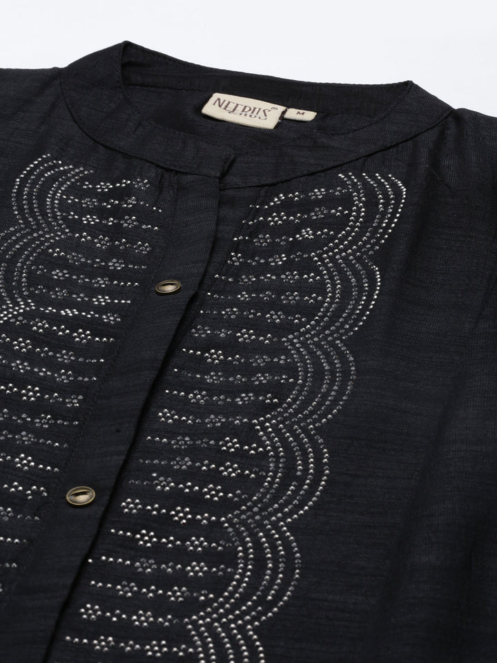 Neerus Black crepe flared anarkali kurta - detail view 2