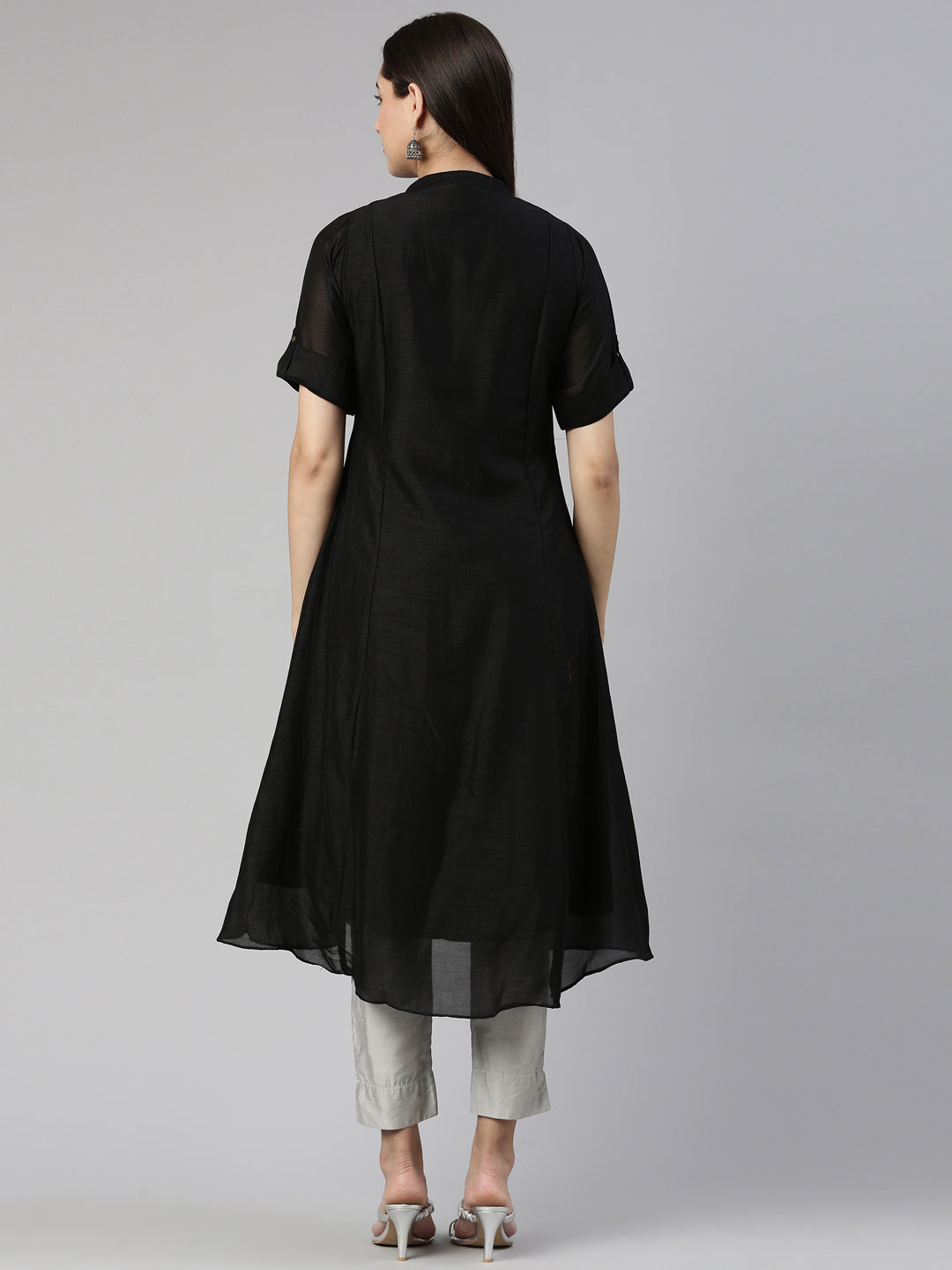 Neerus Black crepe flared anarkali kurta - side view