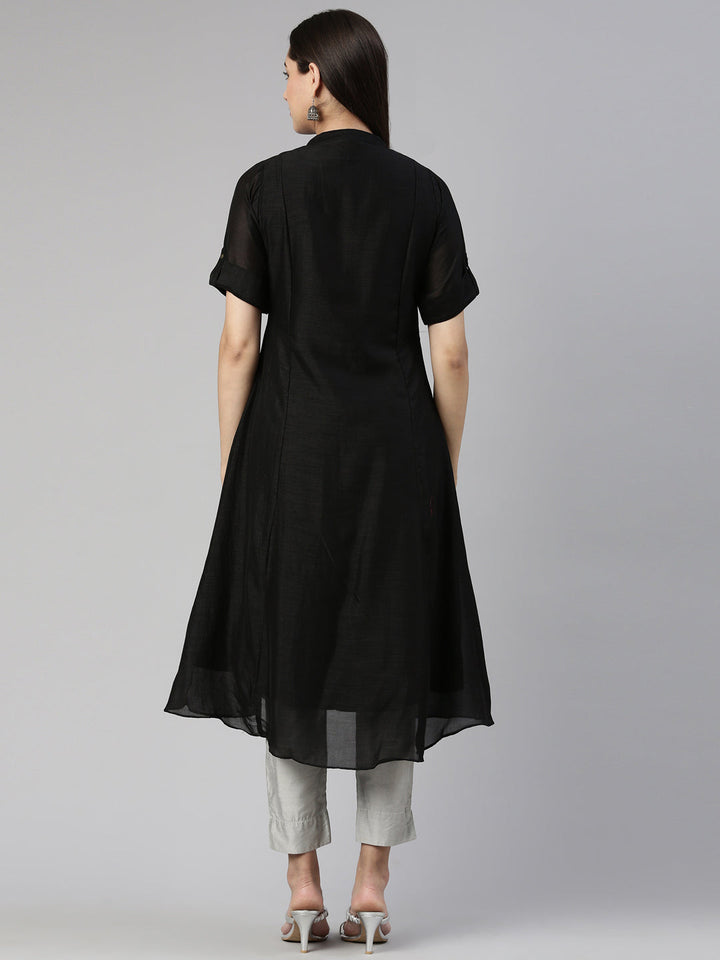 Neerus Black crepe flared anarkali kurta - side view