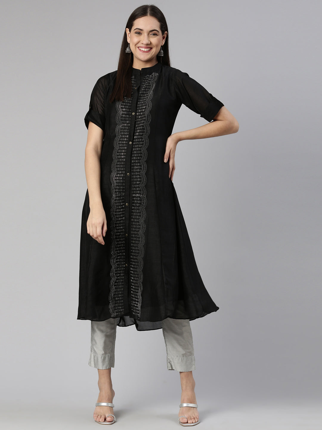 Neerus Black crepe flared anarkali kurta - detail view 4