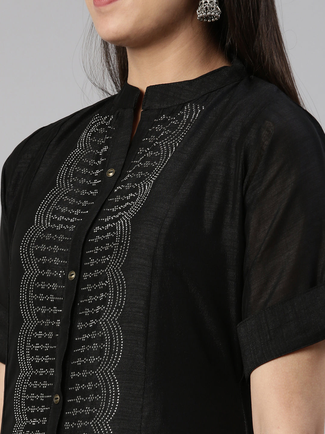 Neerus Black crepe flared anarkali kurta - detail view 1