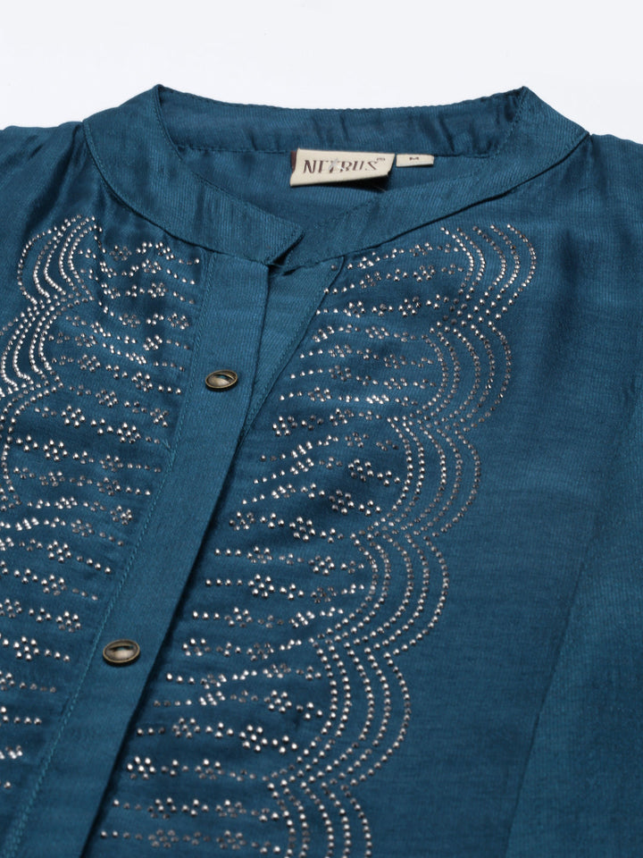 Neerus Blue crepe printed anarkali kurta - detail view 3