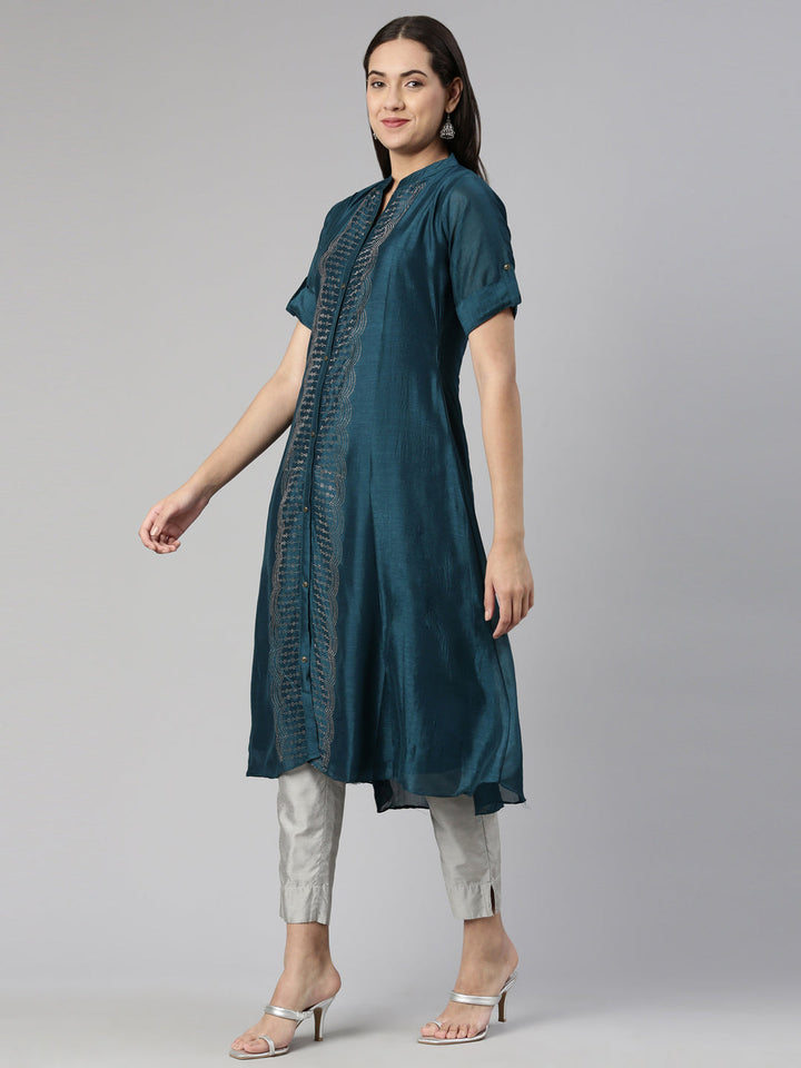 Neerus Blue crepe printed anarkali kurta - back view