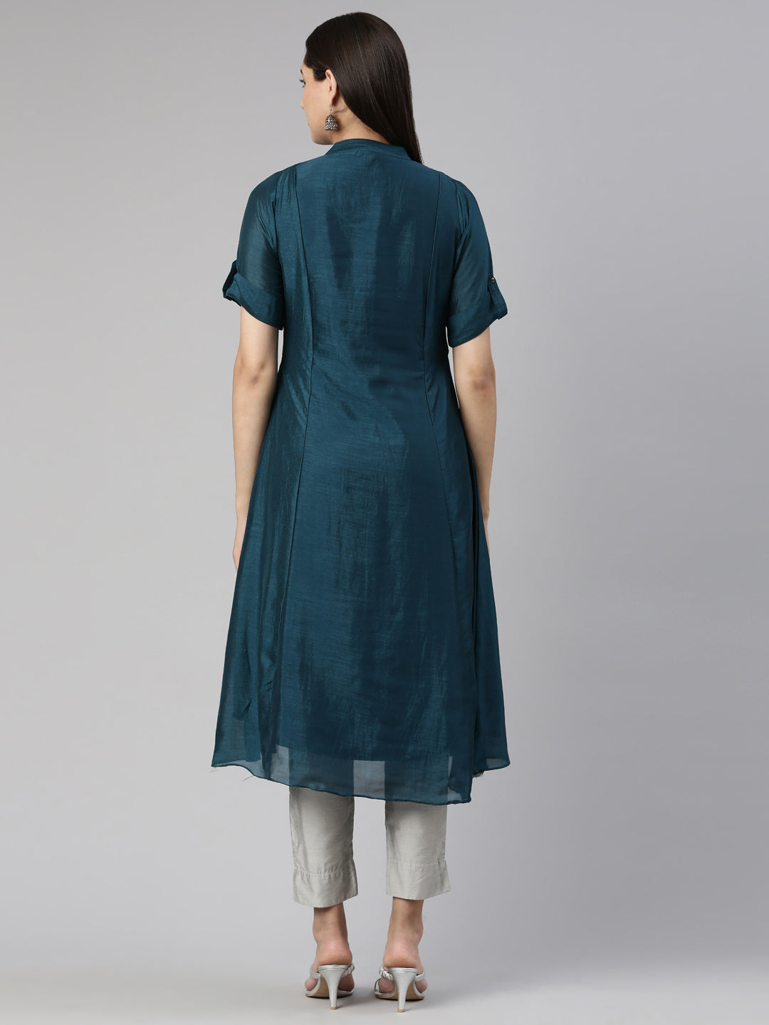 Neerus Blue crepe printed anarkali kurta - side view