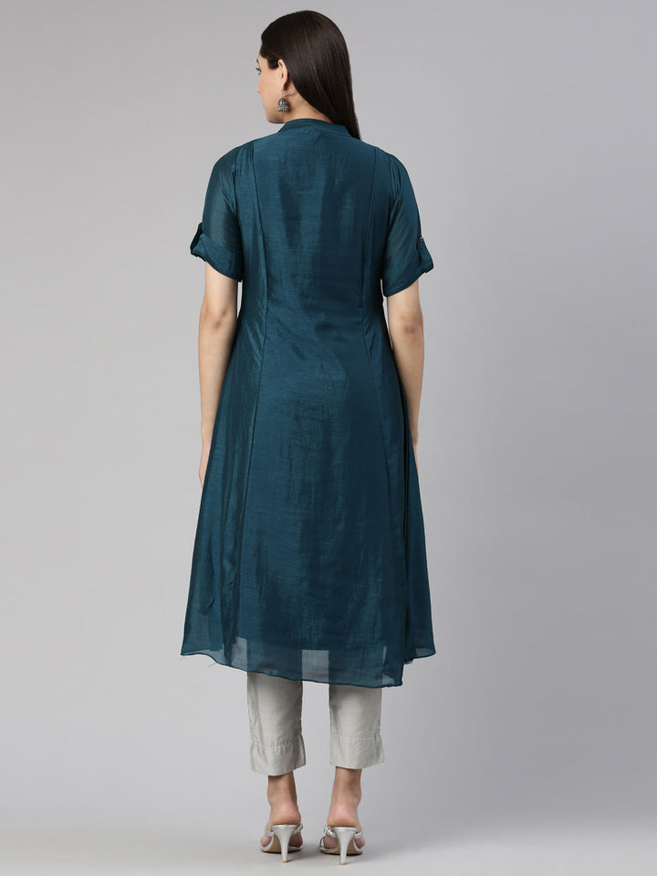 Neerus Blue crepe printed anarkali kurta - side view