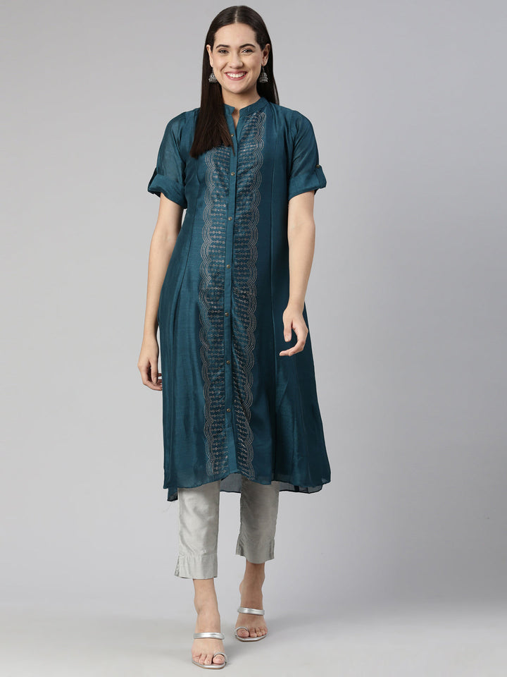 Neerus Blue crepe printed anarkali kurta - front view