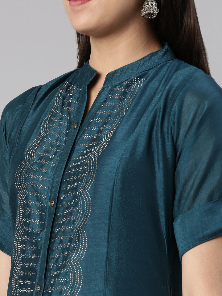 Neerus Blue crepe printed anarkali kurta - detail view 1