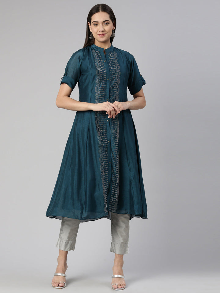 Neerus Blue crepe printed anarkali kurta - detail view 4