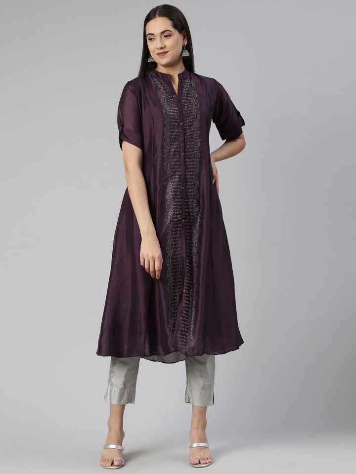 Neerus Purple crepe Anarkali kurti - front view